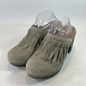 Dansko Deni Fringe Mule Clogs Women's Sz 11.5US 42EU Suede Leather Shoes Gray